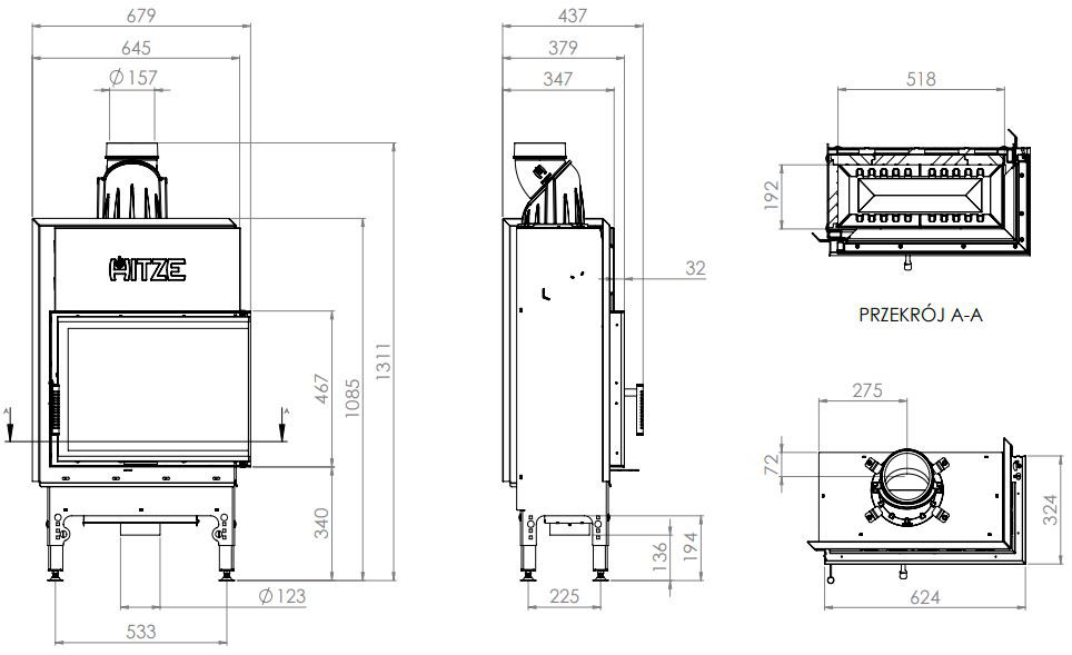 Каминная топка Hitze HST 59x43.R 7,6 кВт, правая